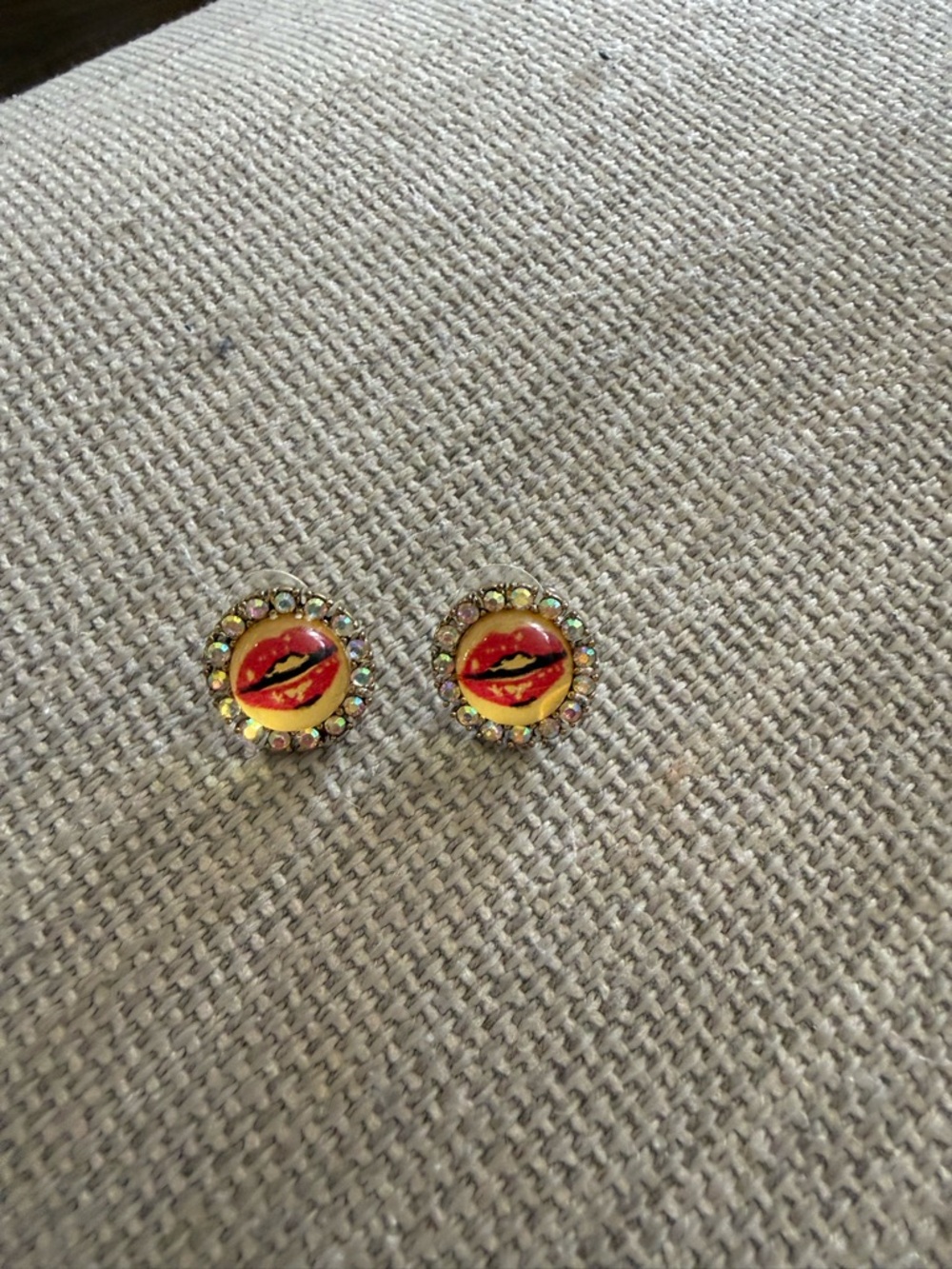 Yellow Red Lip Print Stud Earrings with Aurora Crystal Halo
